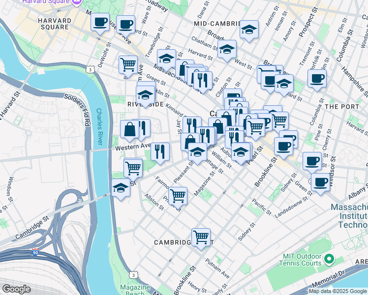 map of restaurants, bars, coffee shops, grocery stores, and more near 13 Kinnaird Street in Cambridge