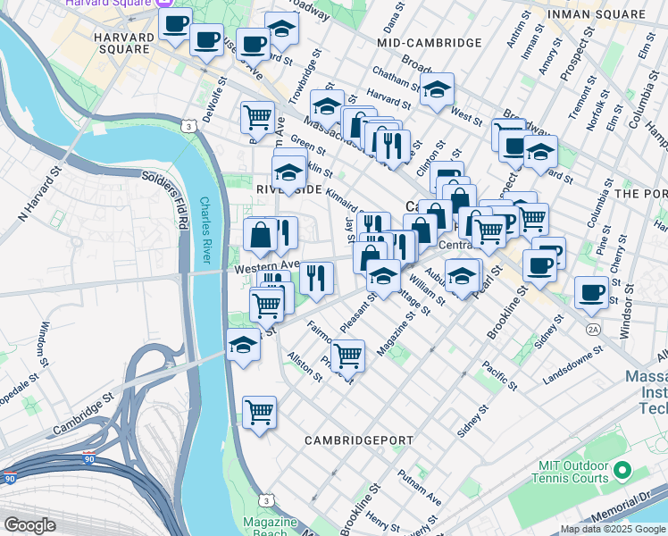 map of restaurants, bars, coffee shops, grocery stores, and more near 22 Howard Street in Cambridge