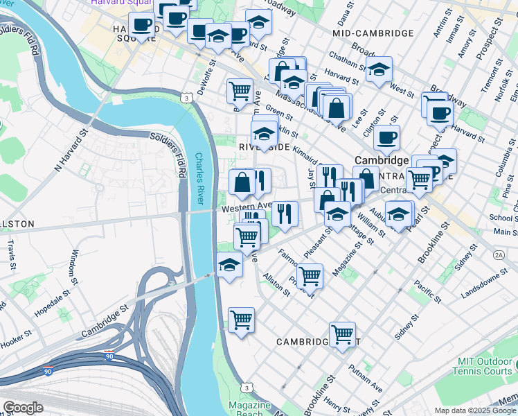map of restaurants, bars, coffee shops, grocery stores, and more near 336 Western Avenue in Cambridge