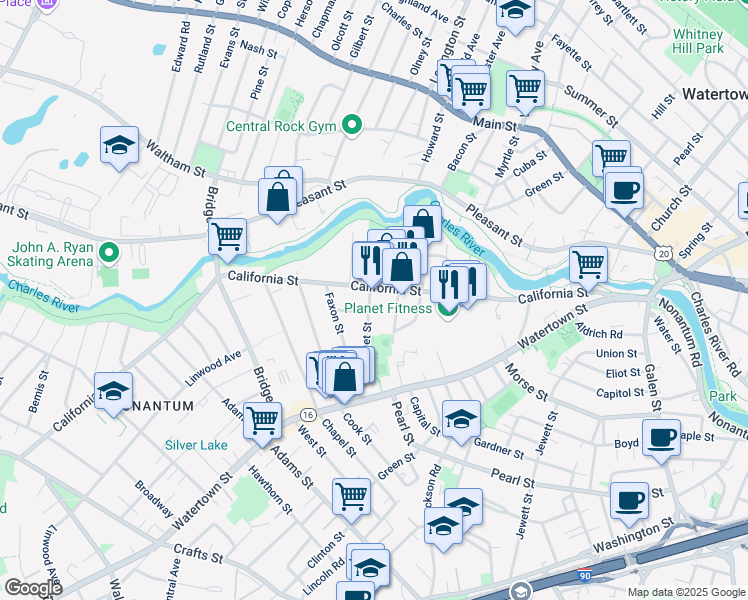 map of restaurants, bars, coffee shops, grocery stores, and more near 226 California Street in Newton
