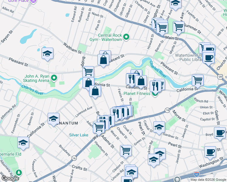map of restaurants, bars, coffee shops, grocery stores, and more near 16 Dalby Street in Newton