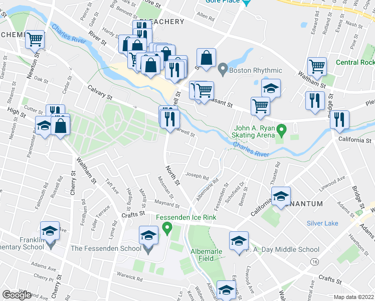 map of restaurants, bars, coffee shops, grocery stores, and more near 85 Farwell Street in Newton