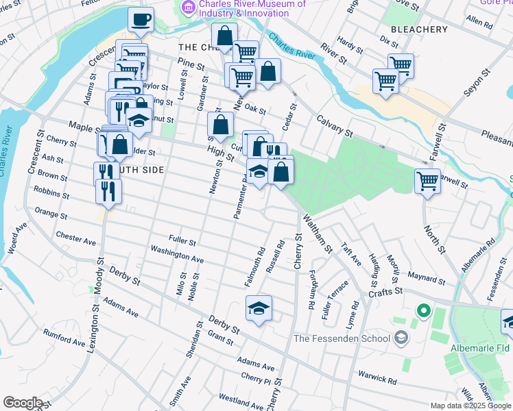 map of restaurants, bars, coffee shops, grocery stores, and more near 33 Hovey Road in Waltham
