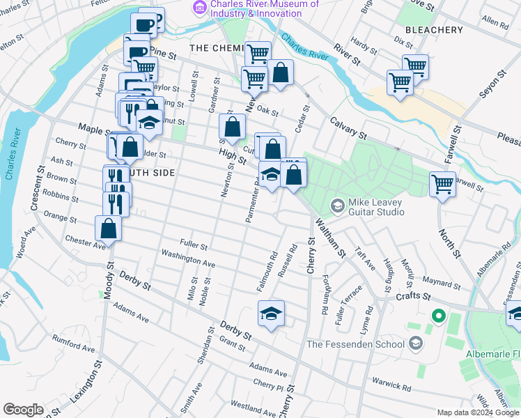 map of restaurants, bars, coffee shops, grocery stores, and more near 266 Ash Street in Waltham
