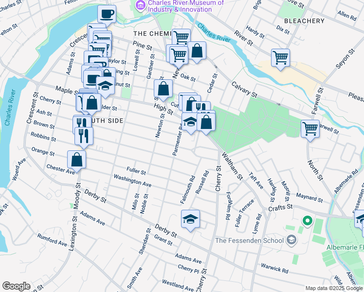 map of restaurants, bars, coffee shops, grocery stores, and more near 266 Ash Street in Waltham