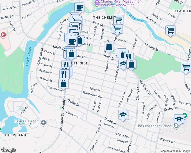 map of restaurants, bars, coffee shops, grocery stores, and more near 206 Brown Street in Waltham