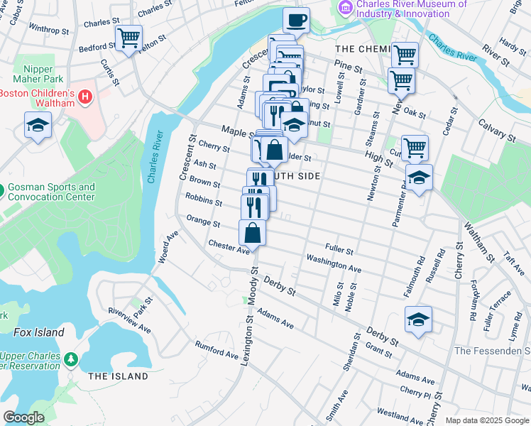 map of restaurants, bars, coffee shops, grocery stores, and more near 116 Robbins Street in Waltham