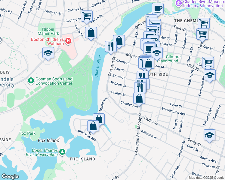 map of restaurants, bars, coffee shops, grocery stores, and more near 22 Orange Street in Waltham