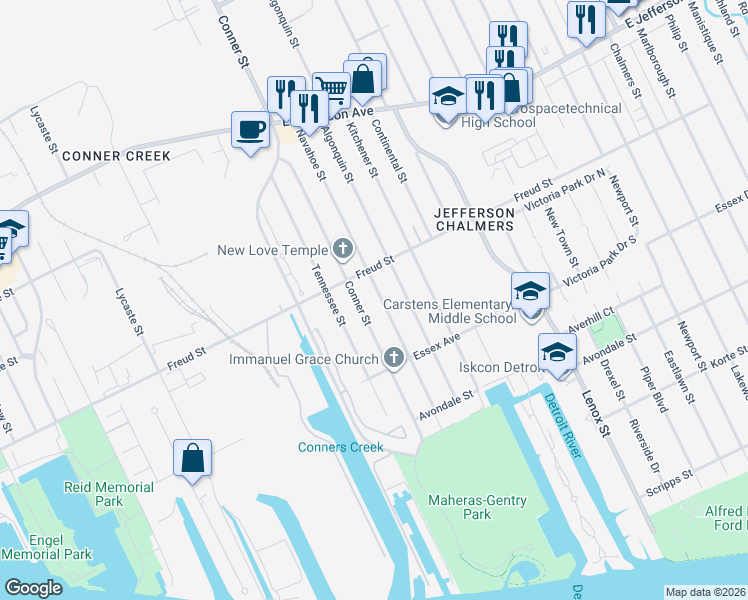 map of restaurants, bars, coffee shops, grocery stores, and more near 645 Navahoe Street in Detroit