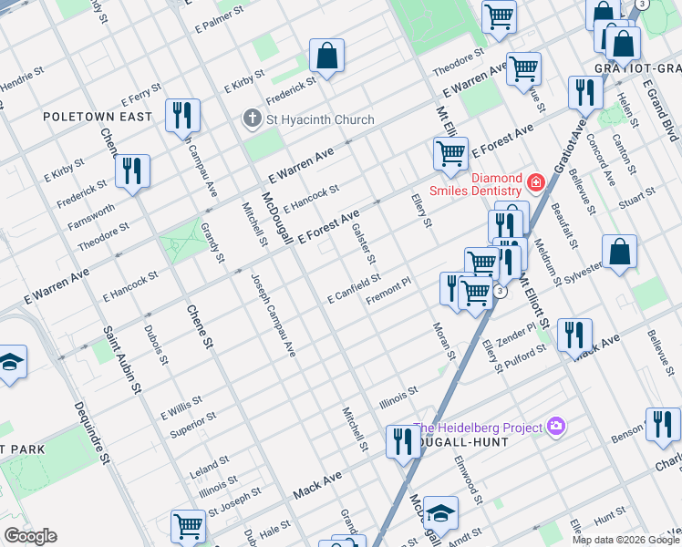 map of restaurants, bars, coffee shops, grocery stores, and more near 3158 Garfield Street in Detroit