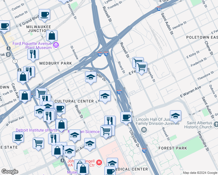 map of restaurants, bars, coffee shops, grocery stores, and more near 676 East Ferry Street in Detroit