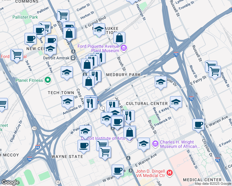 map of restaurants, bars, coffee shops, grocery stores, and more near 99 East Edsel Ford Freeway in Detroit