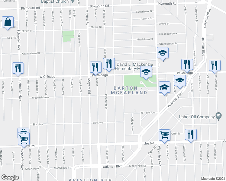 map of restaurants, bars, coffee shops, grocery stores, and more near 9337 Mendota Street in Detroit