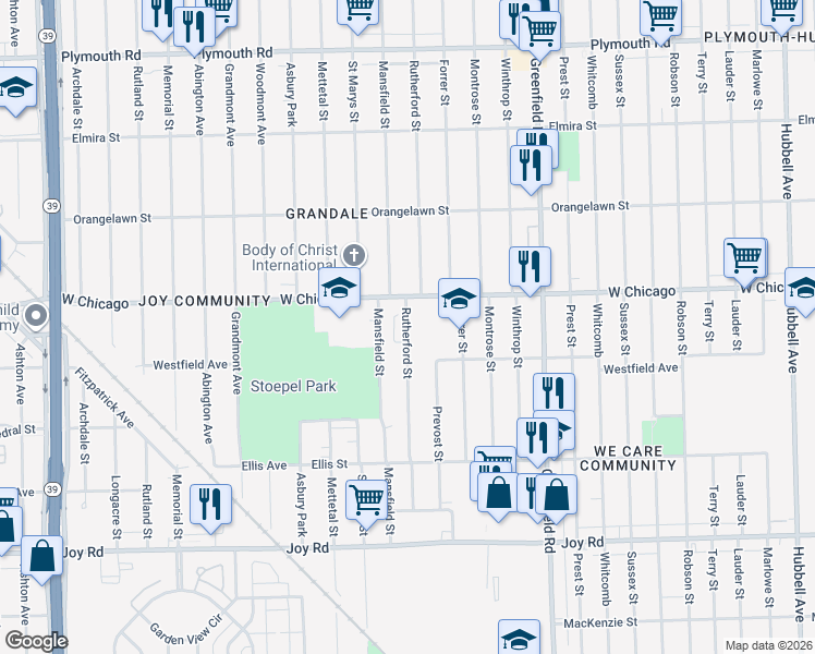 map of restaurants, bars, coffee shops, grocery stores, and more near 9358 Rutherford Street in Detroit