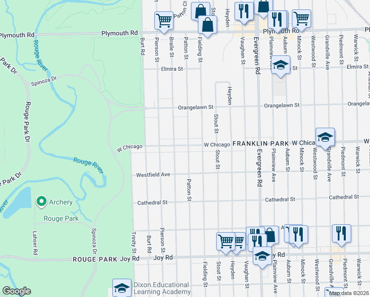 map of restaurants, bars, coffee shops, grocery stores, and more near 20611 West Chicago in Detroit