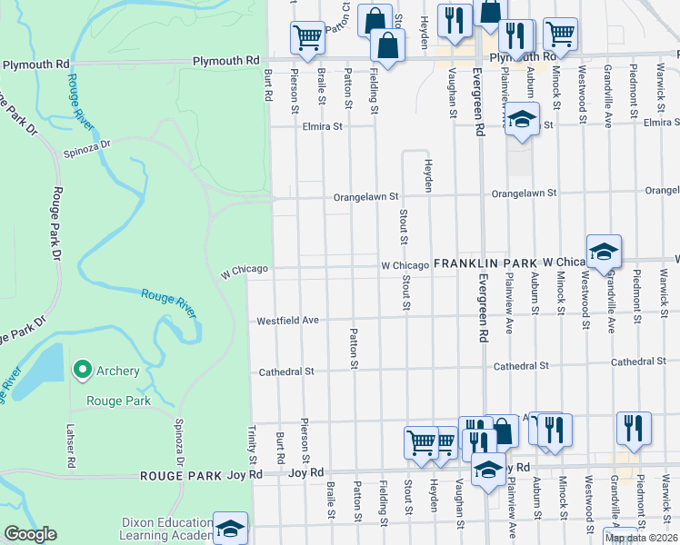 map of restaurants, bars, coffee shops, grocery stores, and more near 20611 West Chicago in Detroit