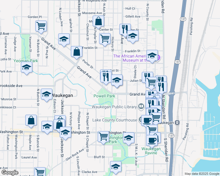 map of restaurants, bars, coffee shops, grocery stores, and more near 624 Grand Avenue in Waukegan