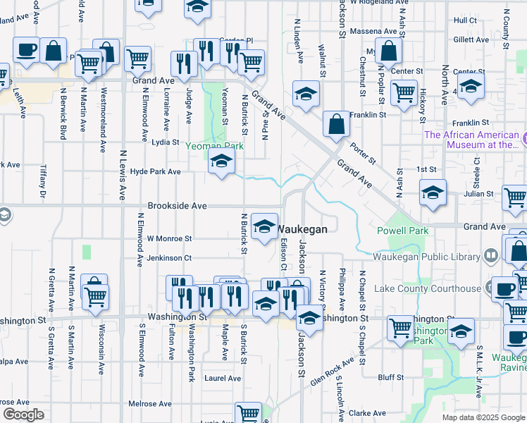 map of restaurants, bars, coffee shops, grocery stores, and more near 1313 Brookside Avenue in Waukegan