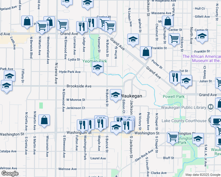 map of restaurants, bars, coffee shops, grocery stores, and more near 1313 Brookside Avenue in Waukegan
