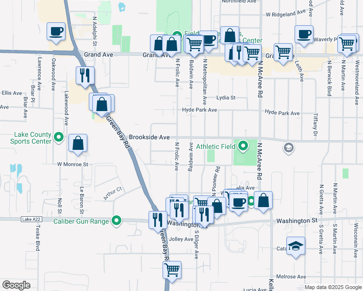 map of restaurants, bars, coffee shops, grocery stores, and more near 314 North Frolic Avenue in Waukegan