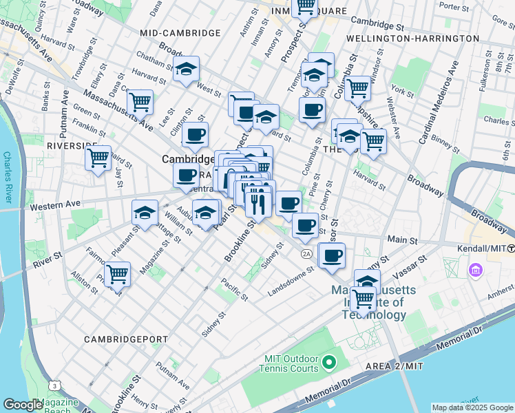 map of restaurants, bars, coffee shops, grocery stores, and more near 70 Bishop Allen Drive in Cambridge
