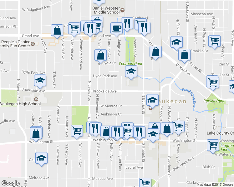 map of restaurants, bars, coffee shops, grocery stores, and more near 1611 Brookside Avenue in Waukegan