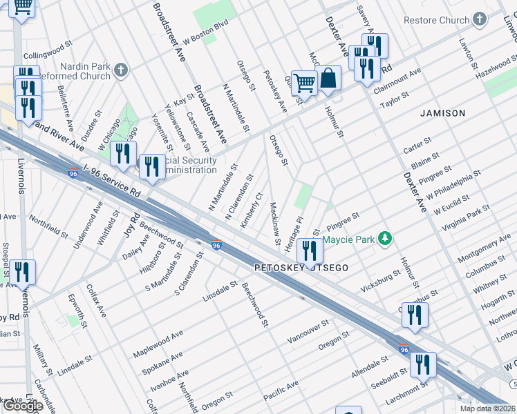 map of restaurants, bars, coffee shops, grocery stores, and more near 8864 Kimberly Court in Detroit