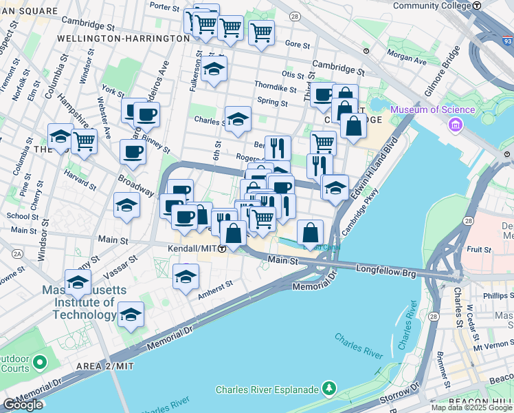 map of restaurants, bars, coffee shops, grocery stores, and more near 295 Third Street in Cambridge