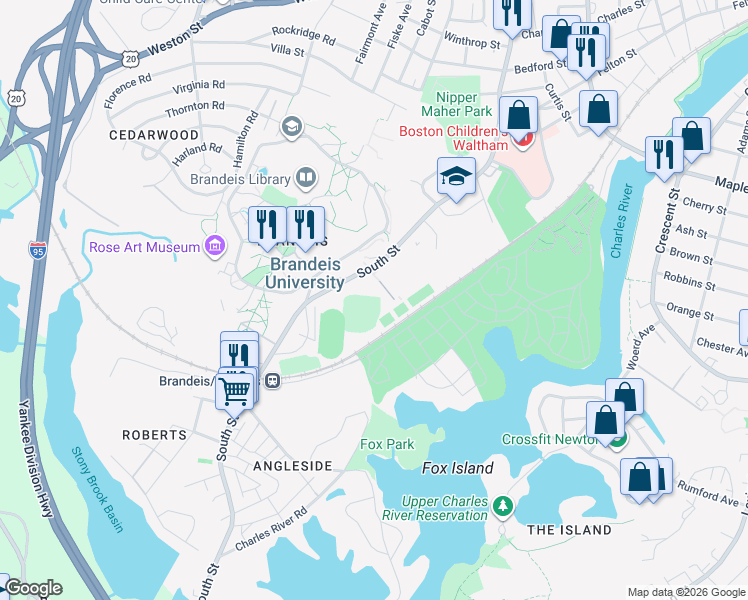 map of restaurants, bars, coffee shops, grocery stores, and more near 480 South Street in Waltham