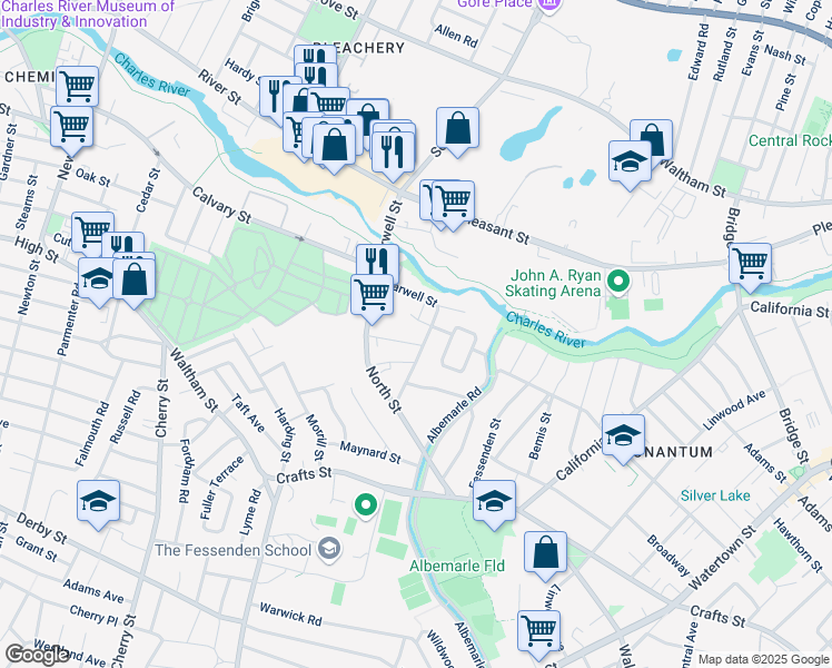 map of restaurants, bars, coffee shops, grocery stores, and more near 85 Farwell Street in Newton