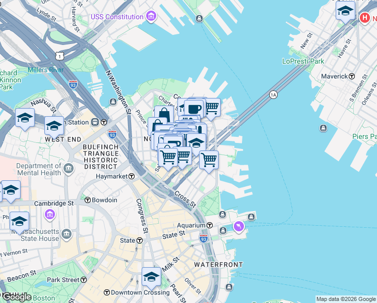 map of restaurants, bars, coffee shops, grocery stores, and more near 5 Garden Court Street in Boston