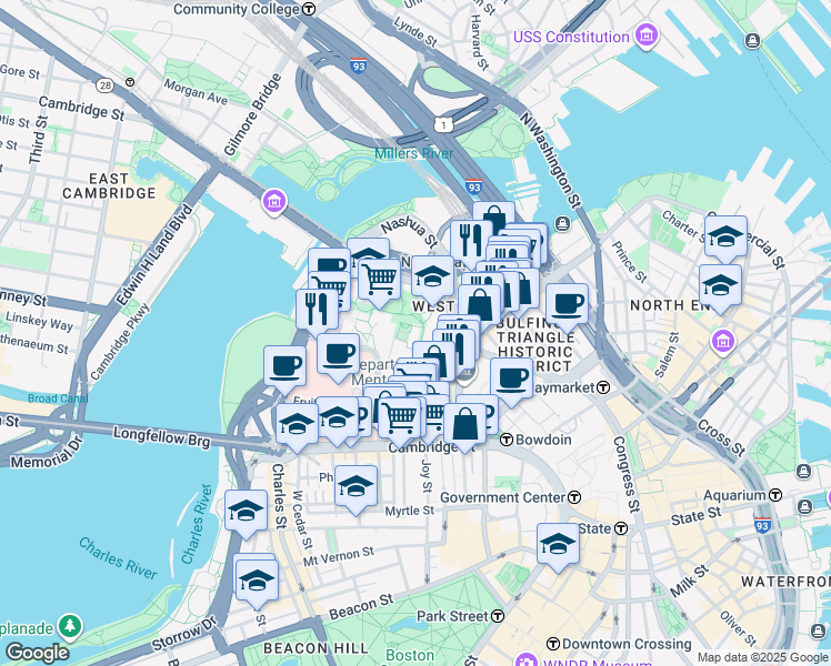map of restaurants, bars, coffee shops, grocery stores, and more near 10 Hawthorne Place in Boston
