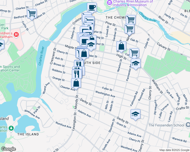 map of restaurants, bars, coffee shops, grocery stores, and more near 159 Brown Street in Waltham