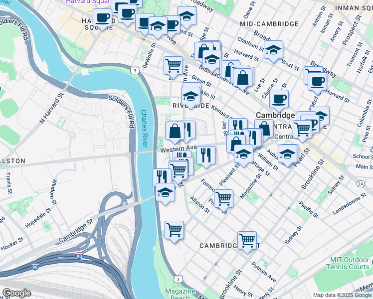 map of restaurants, bars, coffee shops, grocery stores, and more near 336 Western Avenue in Cambridge