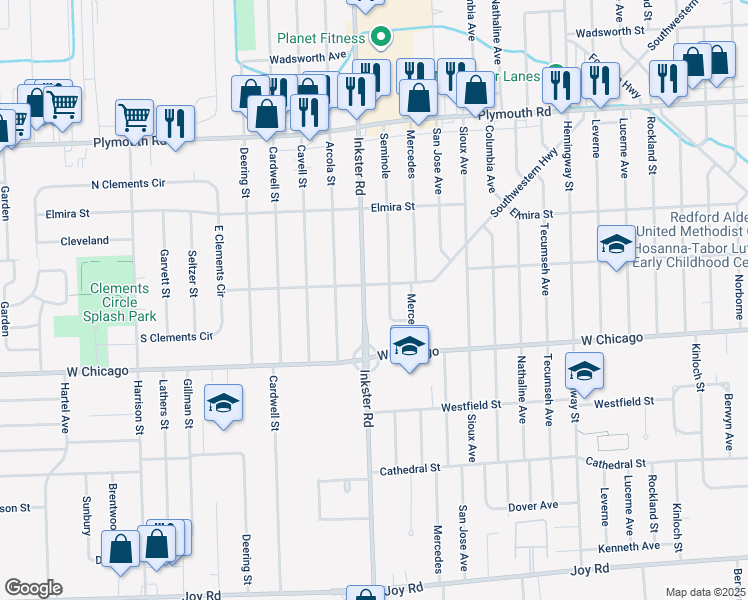 map of restaurants, bars, coffee shops, grocery stores, and more near 9634 Inkster Road in Redford Charter Township