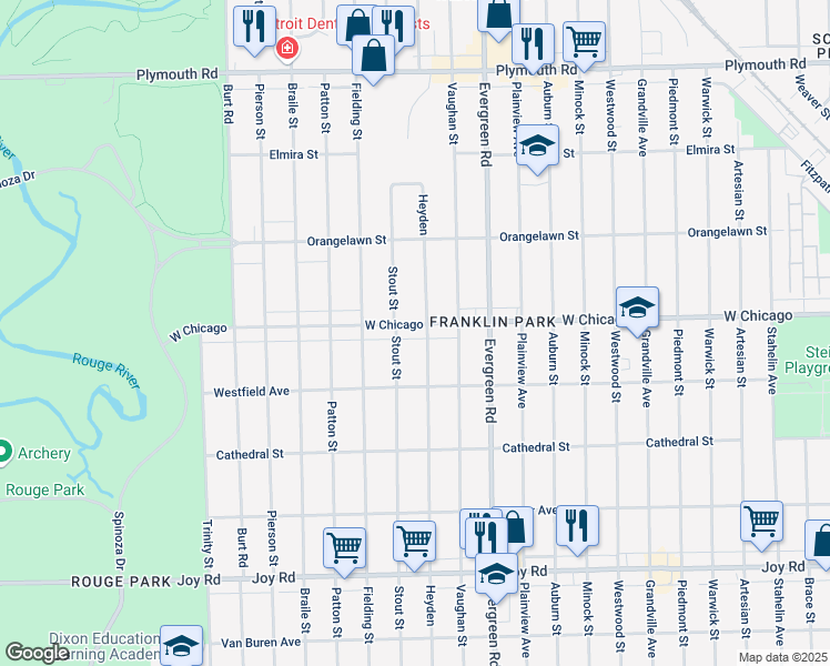 map of restaurants, bars, coffee shops, grocery stores, and more near 20201 West Chicago in Detroit