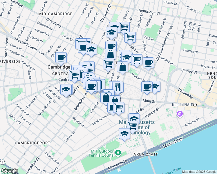 map of restaurants, bars, coffee shops, grocery stores, and more near 23 Pine Street in Cambridge