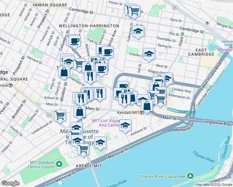 map of restaurants, bars, coffee shops, grocery stores, and more near 150 Broadway in Cambridge