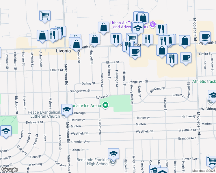 map of restaurants, bars, coffee shops, grocery stores, and more near 9951 Milburn Street in Livonia