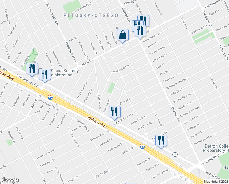 map of restaurants, bars, coffee shops, grocery stores, and more near 8656 Heritage Place in Detroit