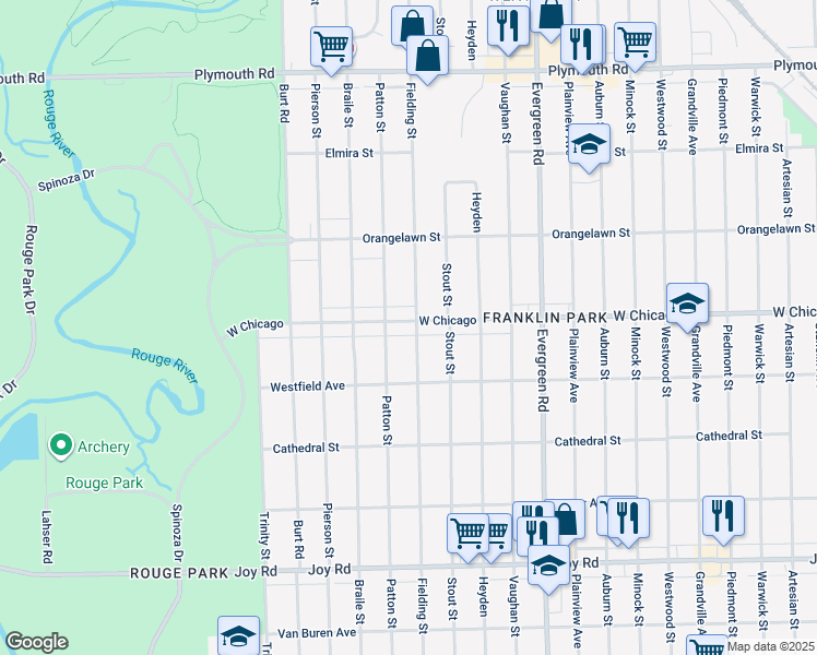 map of restaurants, bars, coffee shops, grocery stores, and more near 20513 West Chicago in Detroit