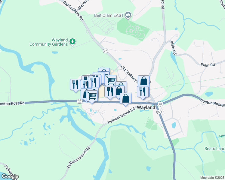 map of restaurants, bars, coffee shops, grocery stores, and more near 400 Boston Post Road in Wayland