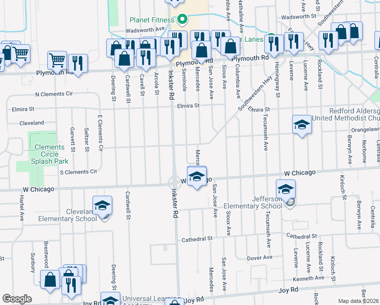 map of restaurants, bars, coffee shops, grocery stores, and more near 9650 Seminole in Redford Charter Township