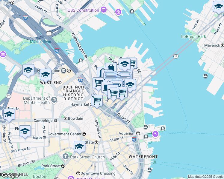 map of restaurants, bars, coffee shops, grocery stores, and more near in Boston