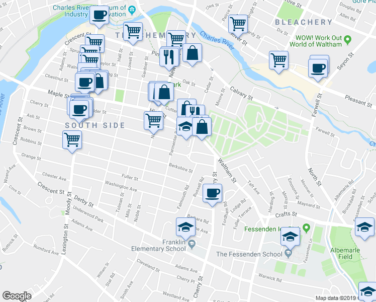 map of restaurants, bars, coffee shops, grocery stores, and more near 33 Hovey Road in Waltham