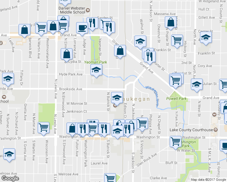 map of restaurants, bars, coffee shops, grocery stores, and more near 1313 Brookside Avenue in Waukegan