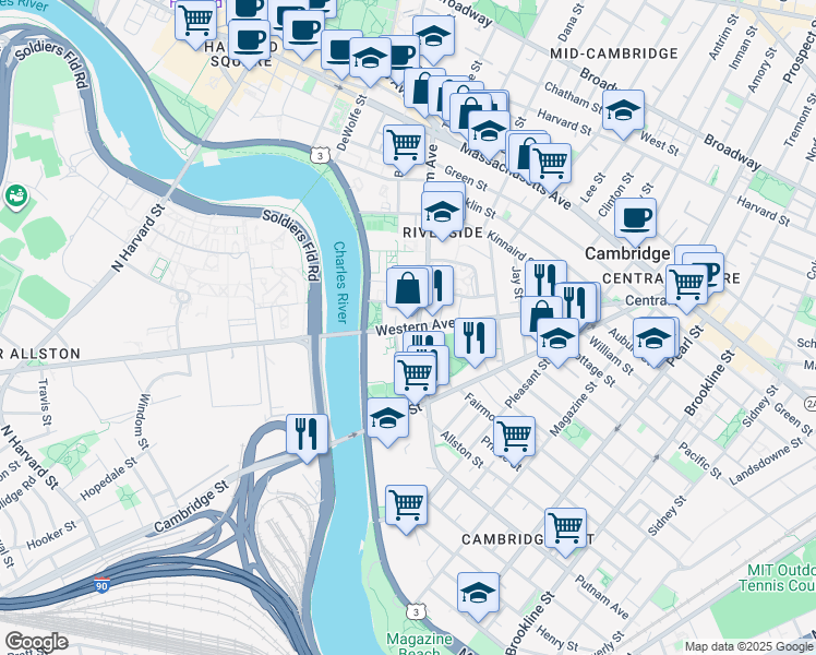 map of restaurants, bars, coffee shops, grocery stores, and more near 381-383 Western Avenue in Cambridge
