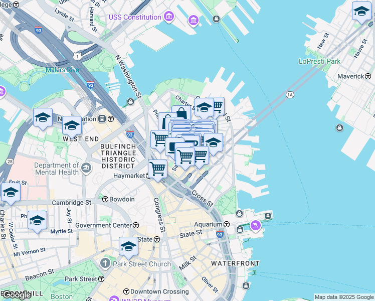map of restaurants, bars, coffee shops, grocery stores, and more near 44 Prince Street in Boston