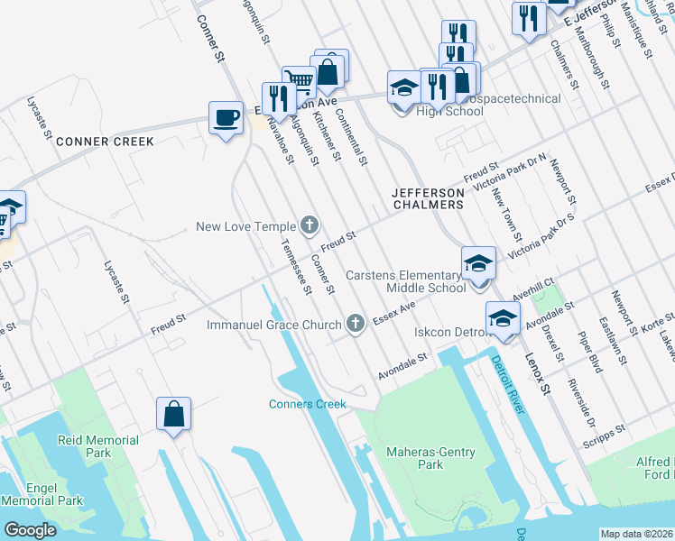 map of restaurants, bars, coffee shops, grocery stores, and more near 645 Navahoe Street in Detroit