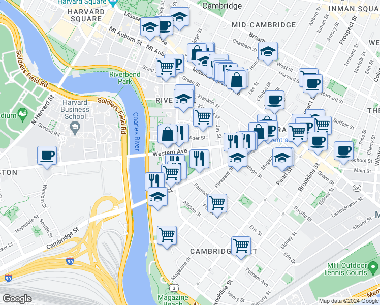 map of restaurants, bars, coffee shops, grocery stores, and more near 280 Western Avenue in Cambridge